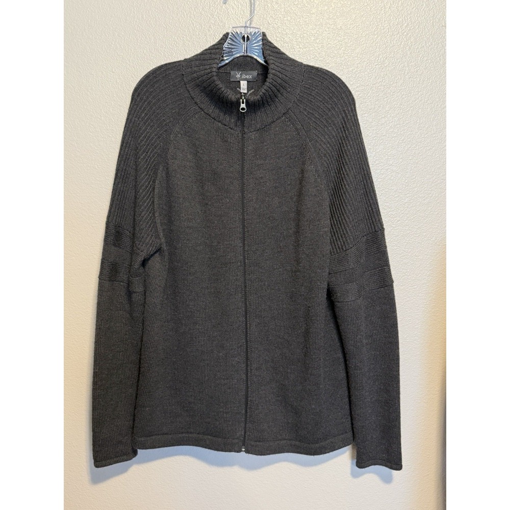 Ibex Men's sz.L 100% Merino Wool Full-Zip Mock Neck Gray Cardigan Sweater Jacket